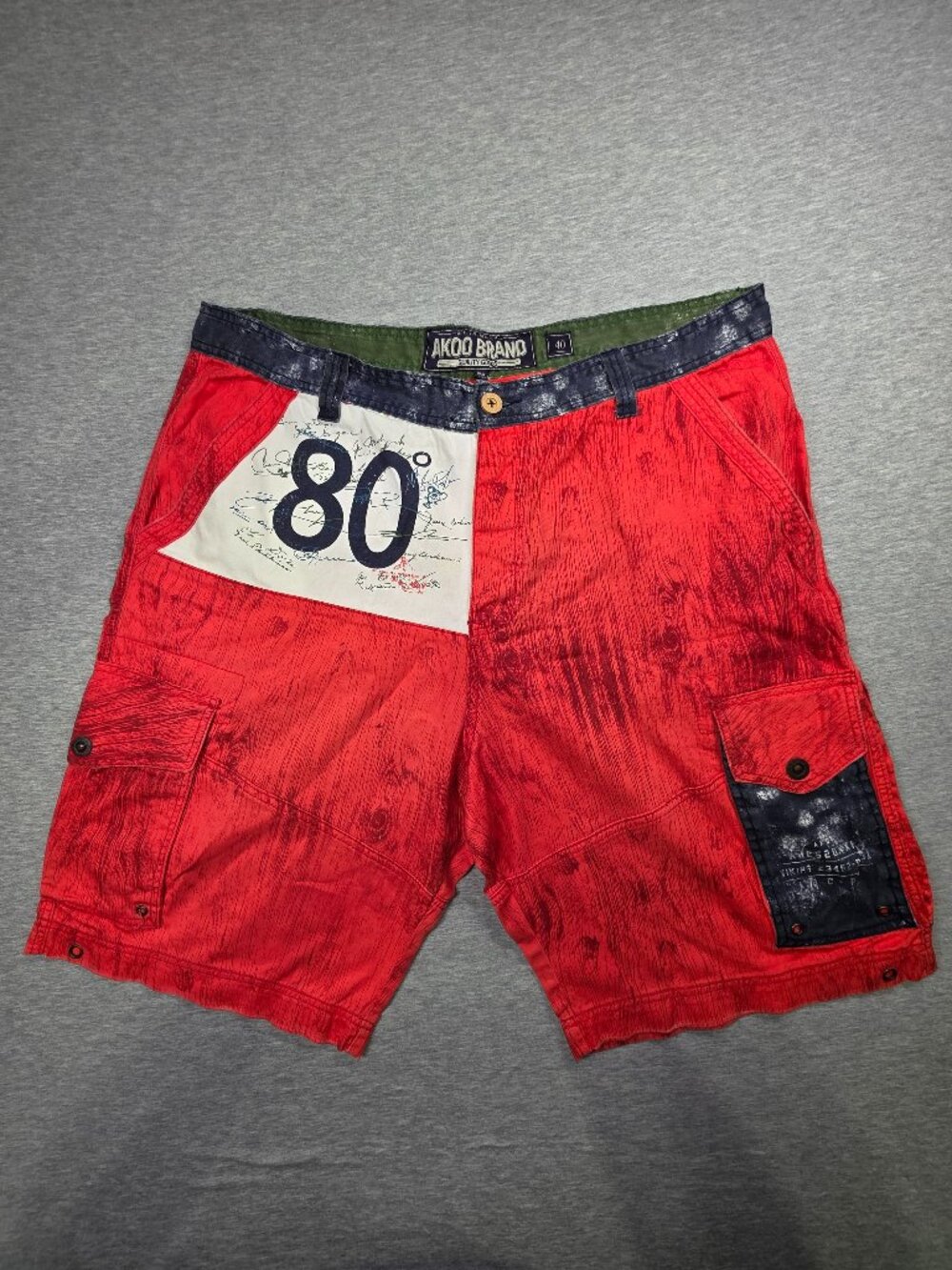 AKOO Brand Cargo Shorts Men's 40 Red Navy Colorblock Y2K Vintage Streetwear